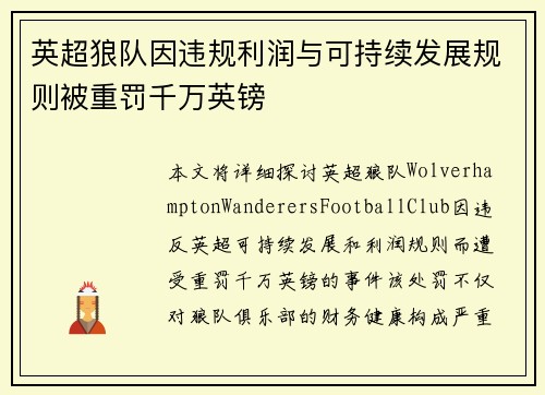 英超狼队因违规利润与可持续发展规则被重罚千万英镑