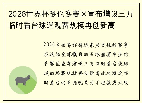 2026世界杯多伦多赛区宣布增设三万临时看台球迷观赛规模再创新高